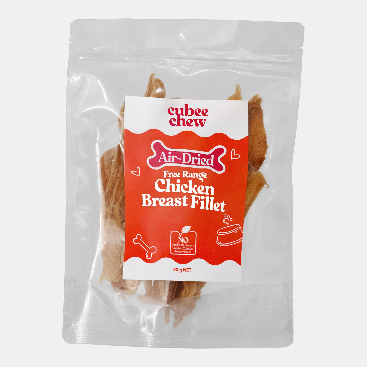 Package of cybee chew Air-Dried Free Range Chicken Breast Fillet on a white background