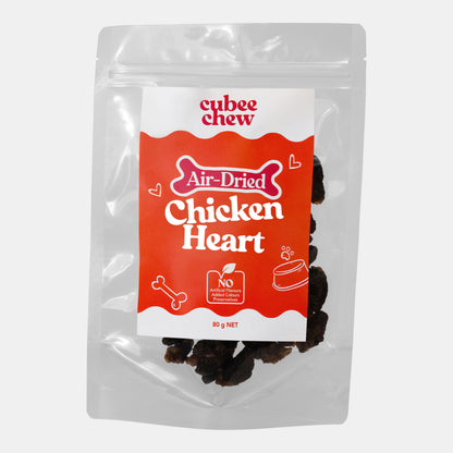 Package of cubee chew air-dried chicken heart treats on a white background