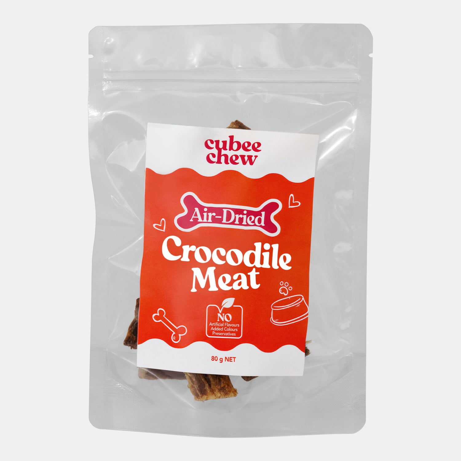 Package of cubee chew Air-Dried Crocodile Meat on a white background