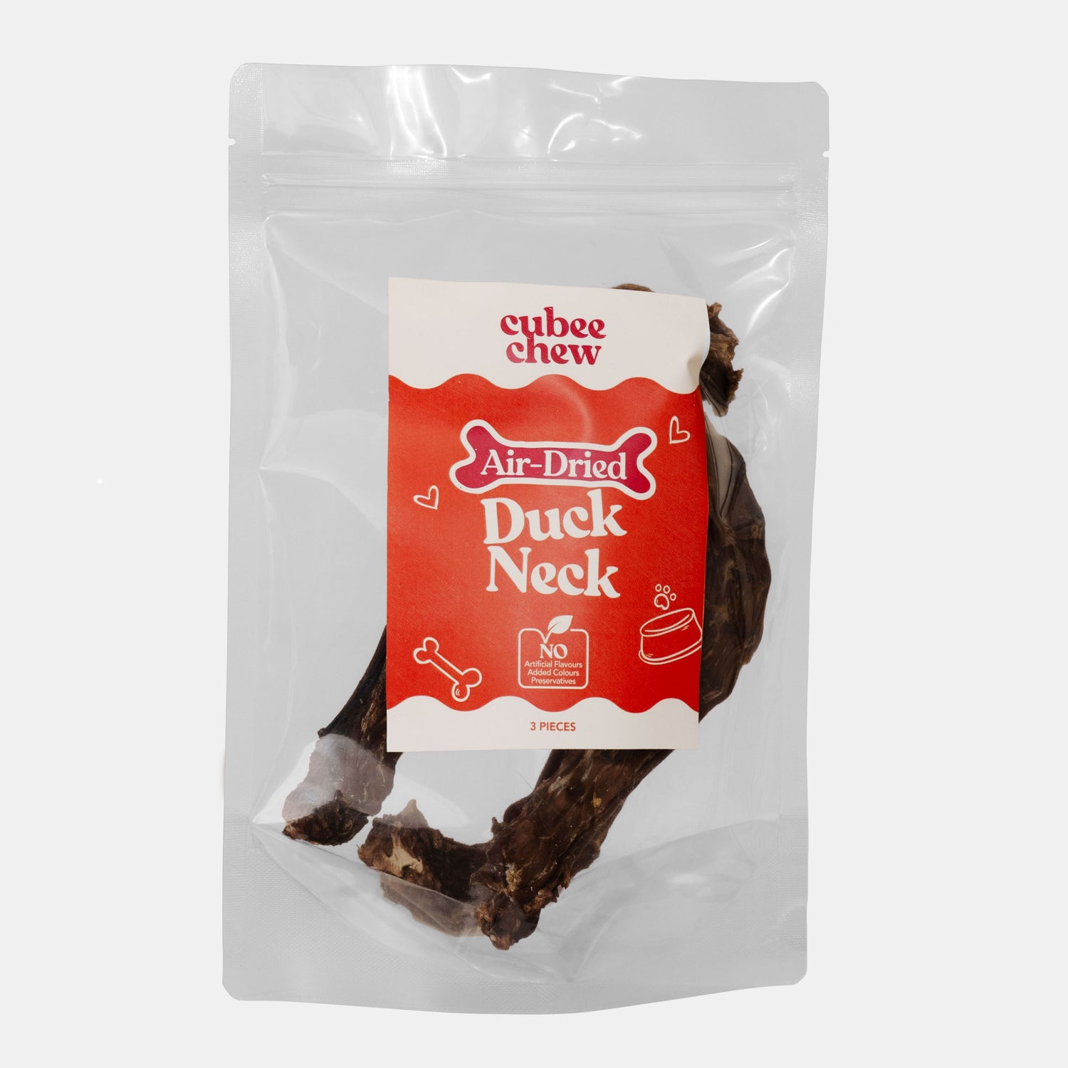 Package of air-dried duck neck for dogs with a red label on a white background